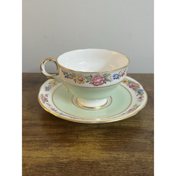 Vintage Floral Mint Green Adderley Bone China Cup and Saucer Cottagecore Classic - Picture 8 of 16